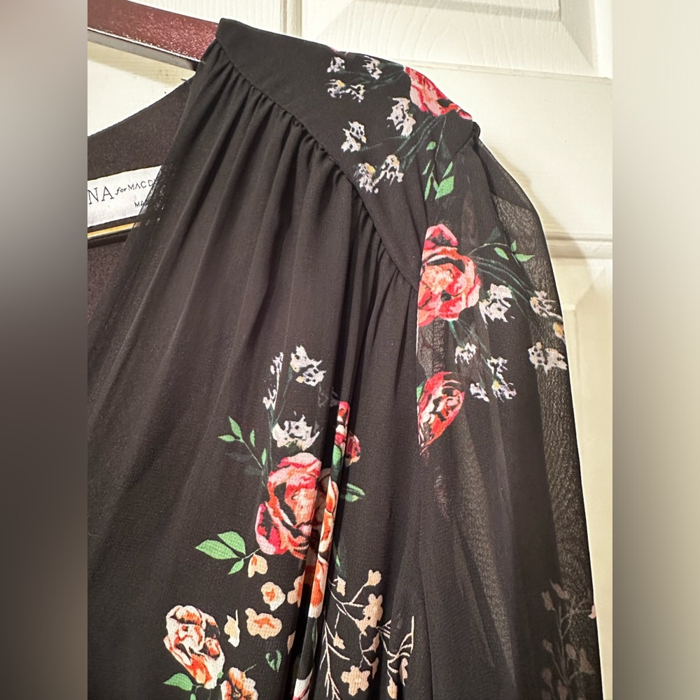 IEENA FOR MAC DUGGAL Belted Floral Print Illusion Long Sleeve Gown Black Size 12 - Picture 10 of 16